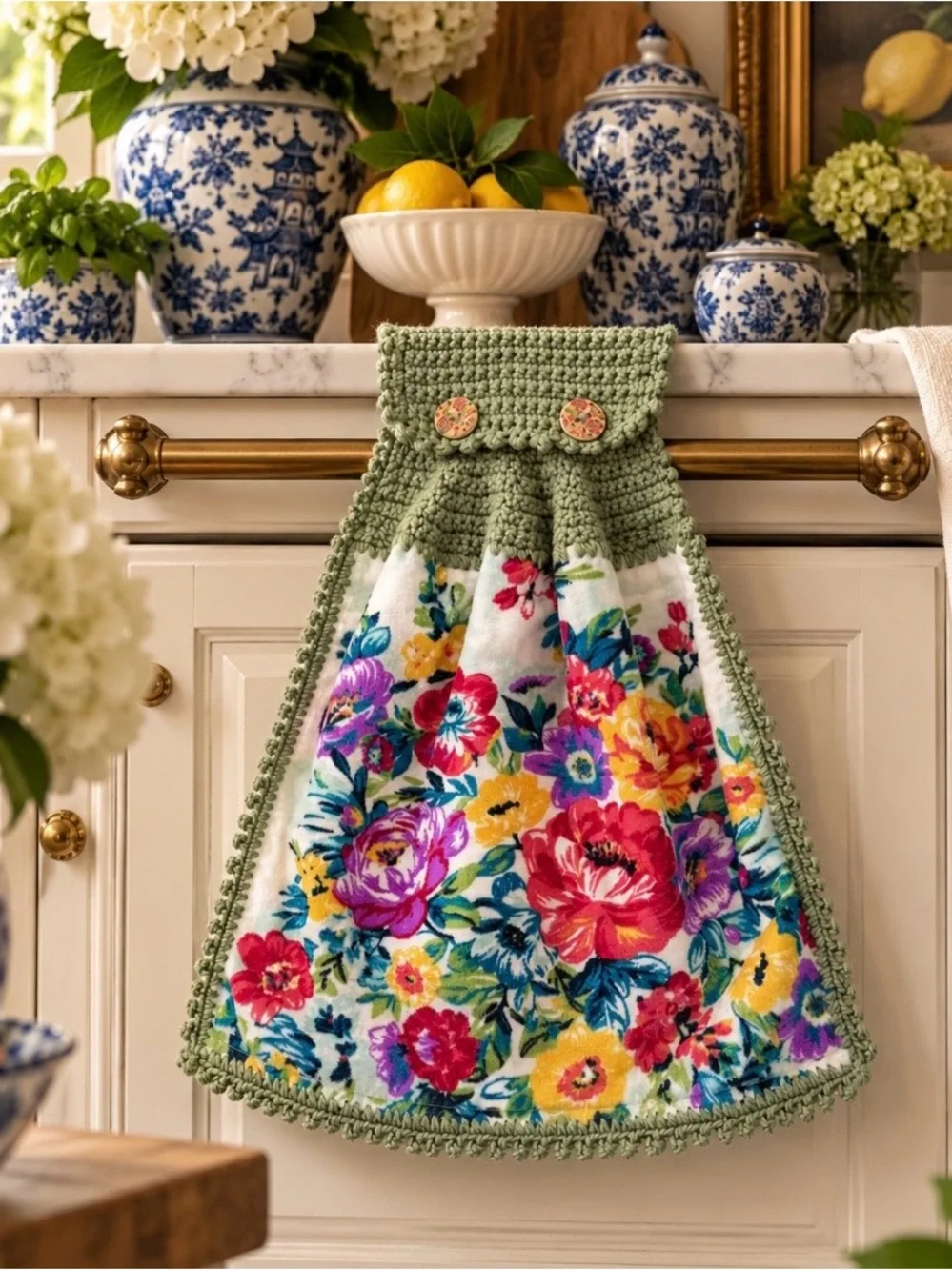 Pioneer Woman Floral Sage Green Crochet Hanging Kitchen Towel